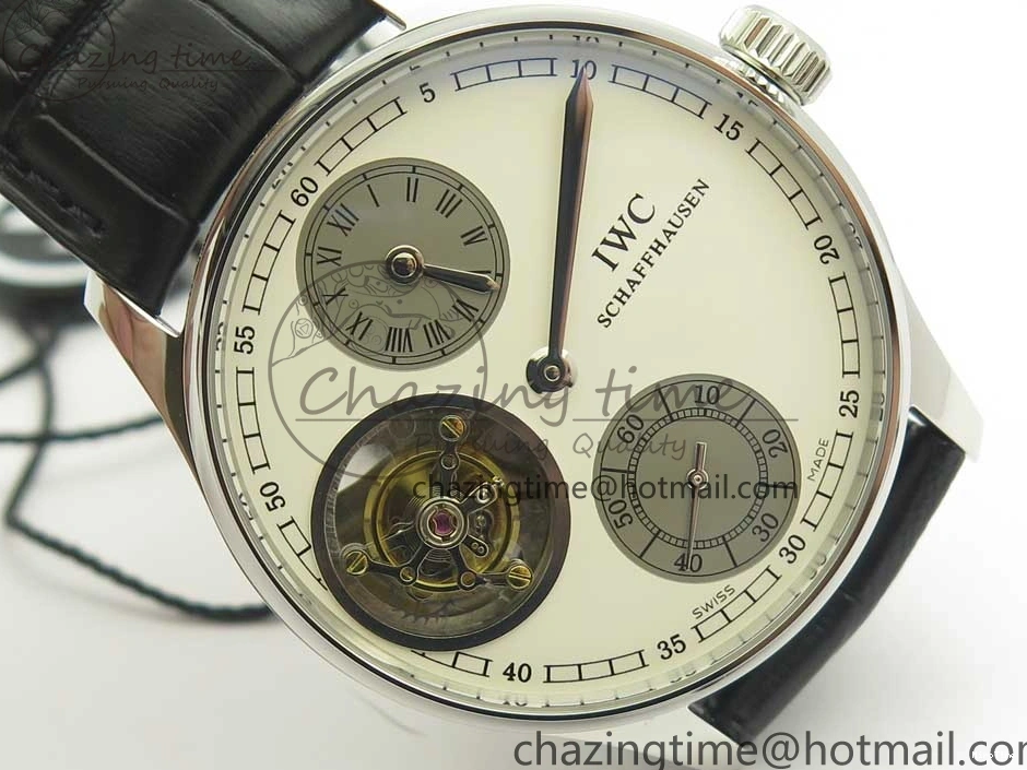 MIROTIME 0331 Upgraded Portuguese Flying Tourbillon SS White Dial 2 Sub Dials on Black Leather Strap 7161